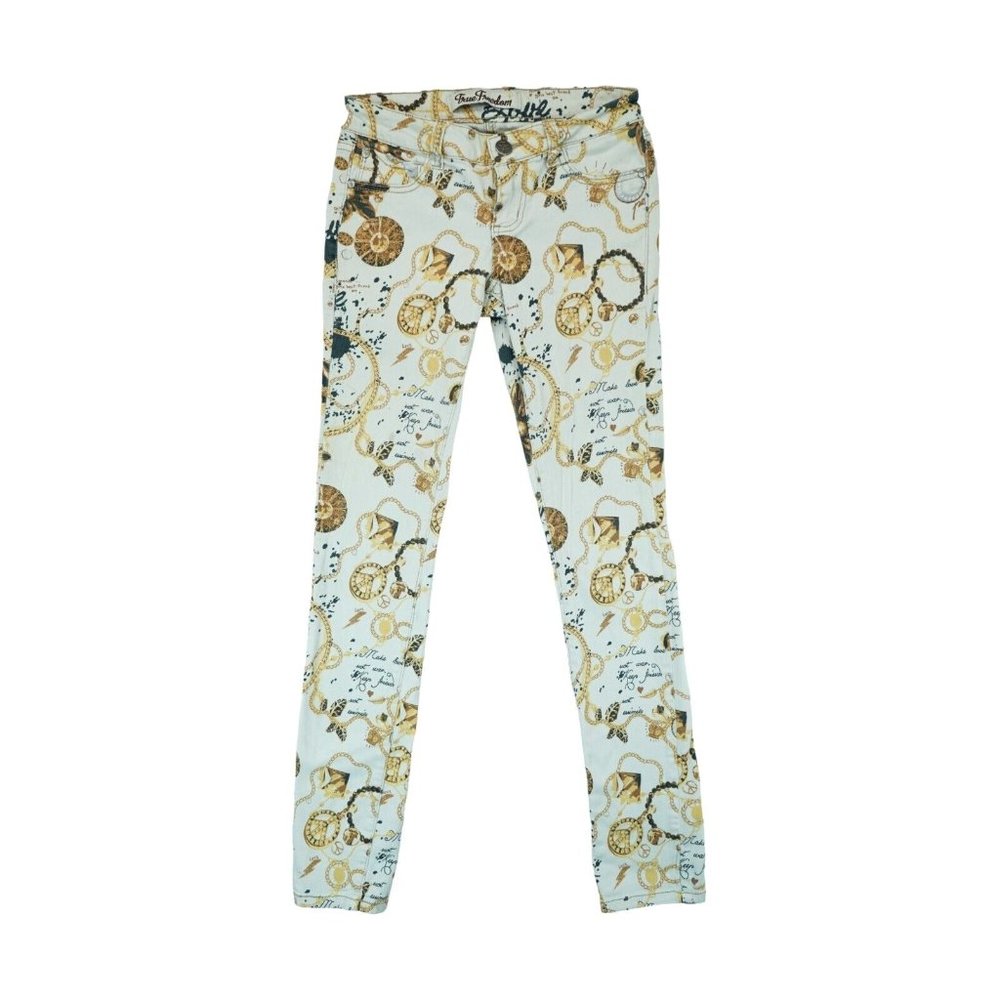 True Freedom Girls Juniors Size 1 Gold Chains Peace Sign Design Leggy Jeans